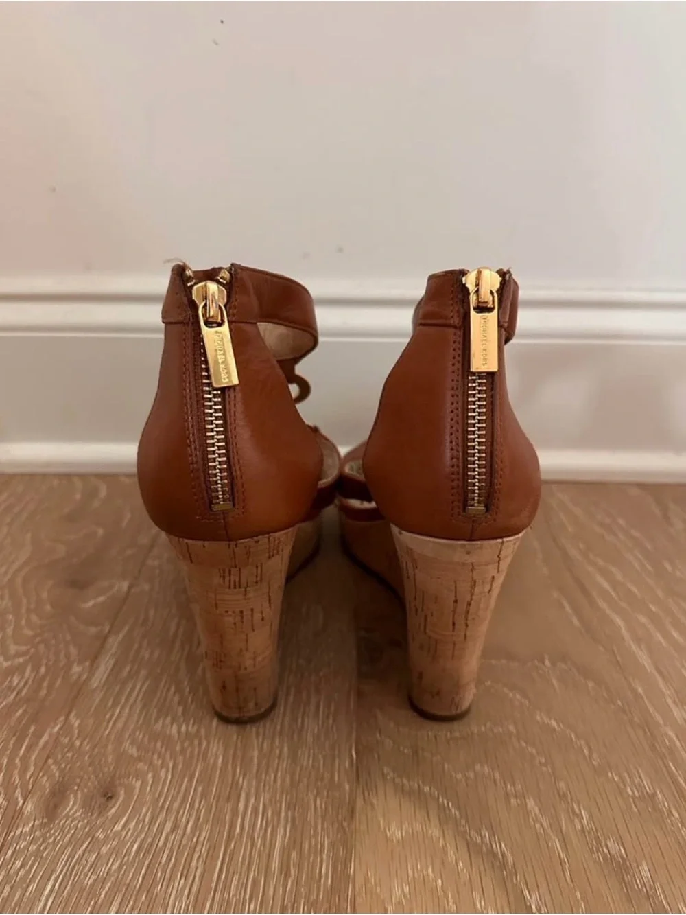 Michael Kors Brown Leather Platform Wedge Sandals with Gold MK Accents